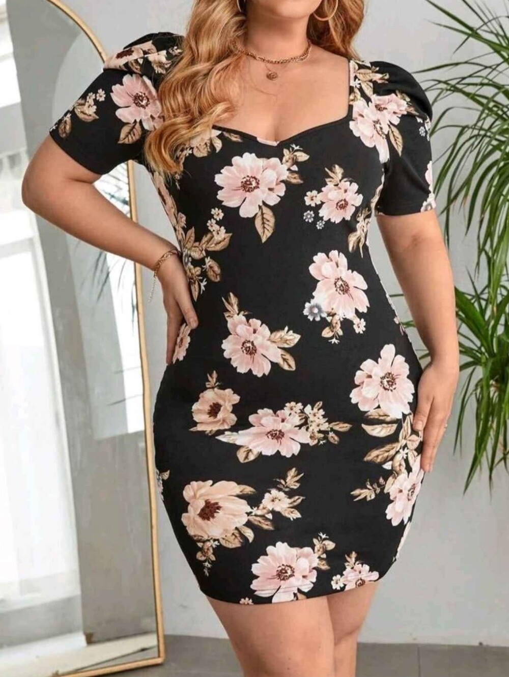 Shein Floral Sweetheart Neck Dress